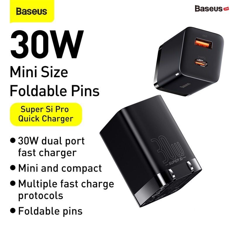 Củ sạc nhanh Baseus Super Si Pro 30W (CCSUPP) Quick Charger 1C+ 1U - Hàng chính hãng