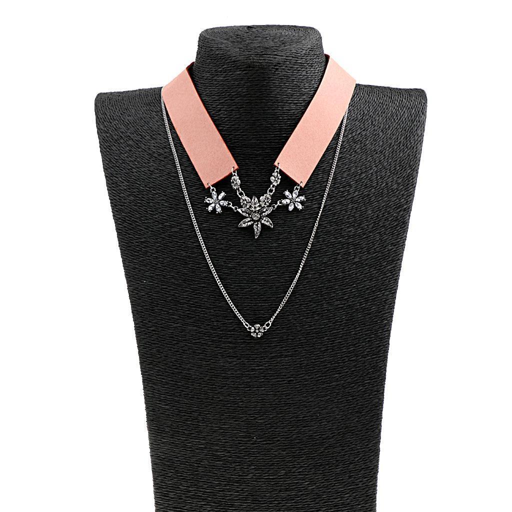 Women's Double Layers Crystal Rhinestone Flower Choker Chunky Necklace Pink