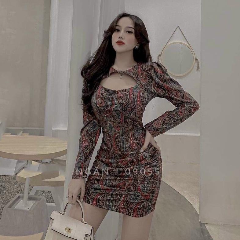 Gunkaymatter Đầm Body Họa Tiết Tay Dài Hở Ngực,Màu Sắc Nhã Nhặn Thật Sự Phù Hợp Để Tới Công Sở, Đi Làm Hoặc Đi Chơi