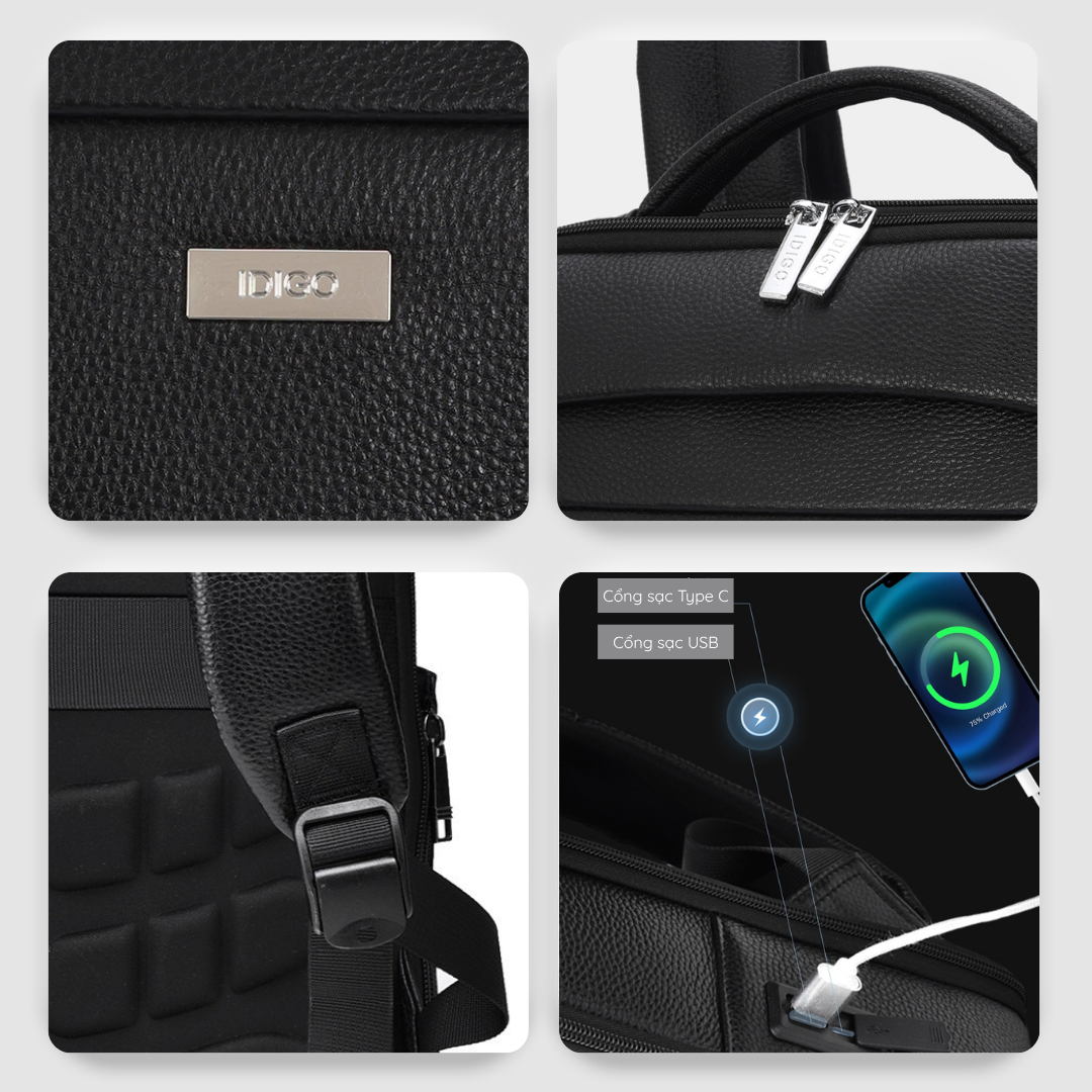 Balo da nam nữ tích hợp cổng sạc USB IDIGO MBP1 - 20001, Balo đựng laptop 15.6 inch da thật cao cấp