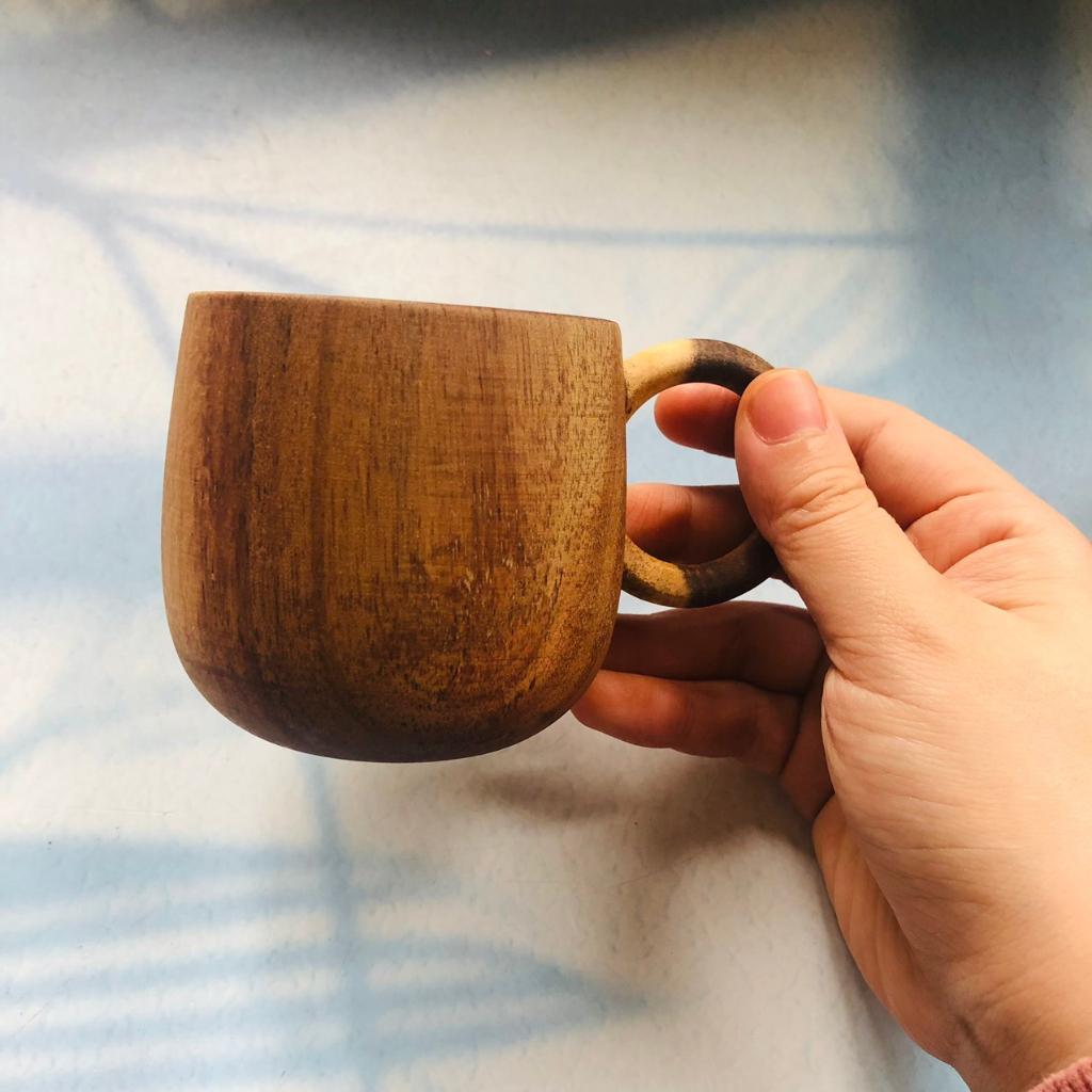 Cốc Gỗ Keo Nâu Đen 7x7 cm, Có Quai Tay Cầm, Cốc Uống Trà, Cà Phê, Phong Cách Vintage, Chụp Ảnh Trang Trí Xinh Xắn