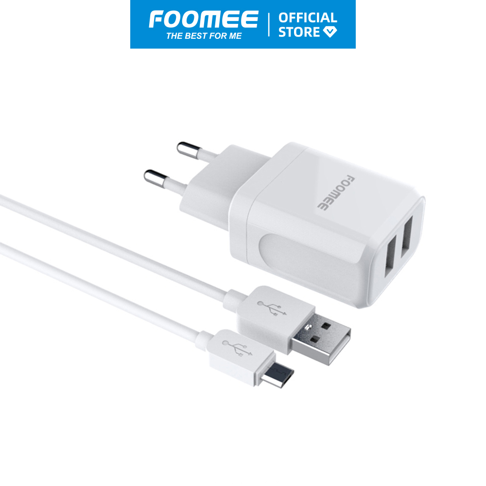 Bộ Củ Sạc Nhanh 2 Cổng USB Kèm Dây Cáp Sạc Micro FOOMEE CC09 - Trắng/Đen - Hàng Chính Hãng