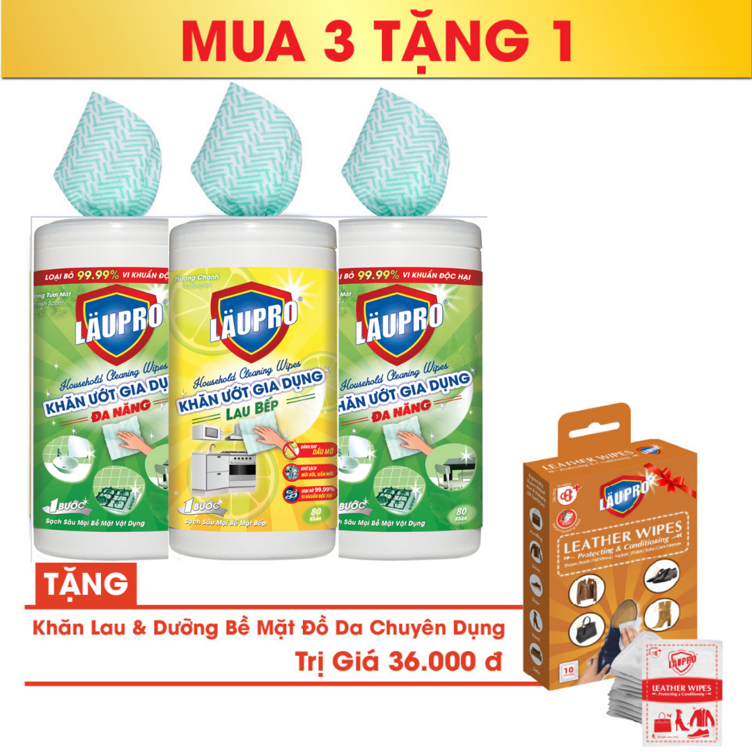 Combo Khăn Ướt Kháng Khuẩn CHỨA CỒN - 3 Hộp Läupro 250 Khăn (2 Đa Năng + 1 Lau Bếp) tặng 1 Hộp Läupro Leather Lau Đồ Da (Laupro) - Được Chứng Nhận & Kiểm Nghiệm!