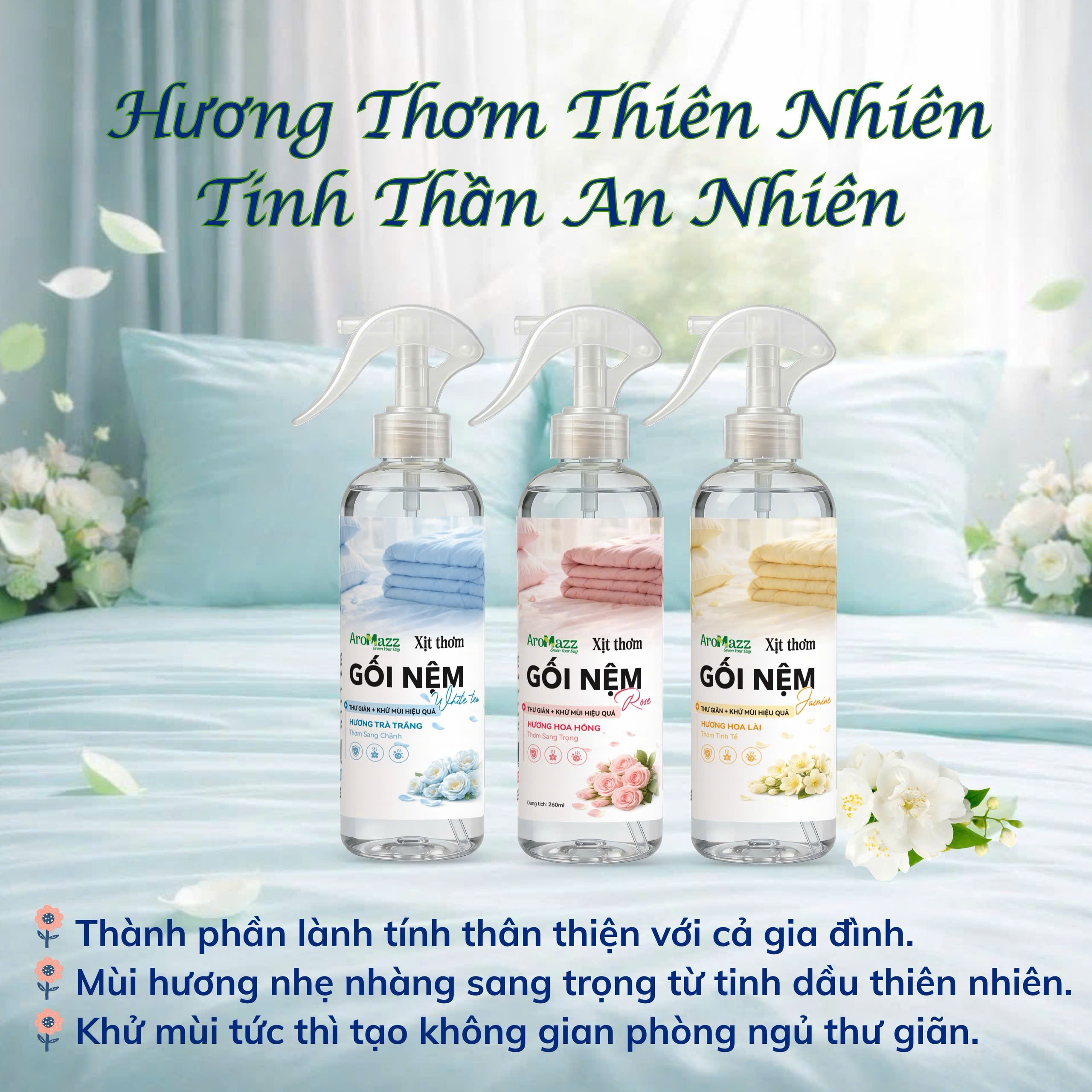 Xịt Thơm Chăn Ga Gối Nệm AroMazz, Khử Mùi Chăn Ga Gối Nệm Thư Giãn Ngủ Ngon Thành Phần Lành Tính An Toàn Sử Dụng Hàng Ngày