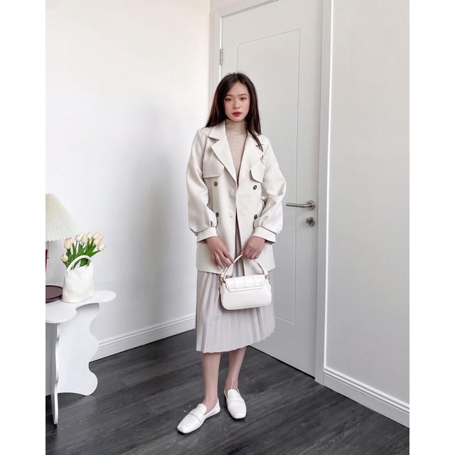 Áo khoác măng tô nữ 4 khuy dáng lỡ đai eo tay áo bo phồng 2 túi hông a877811 by germe