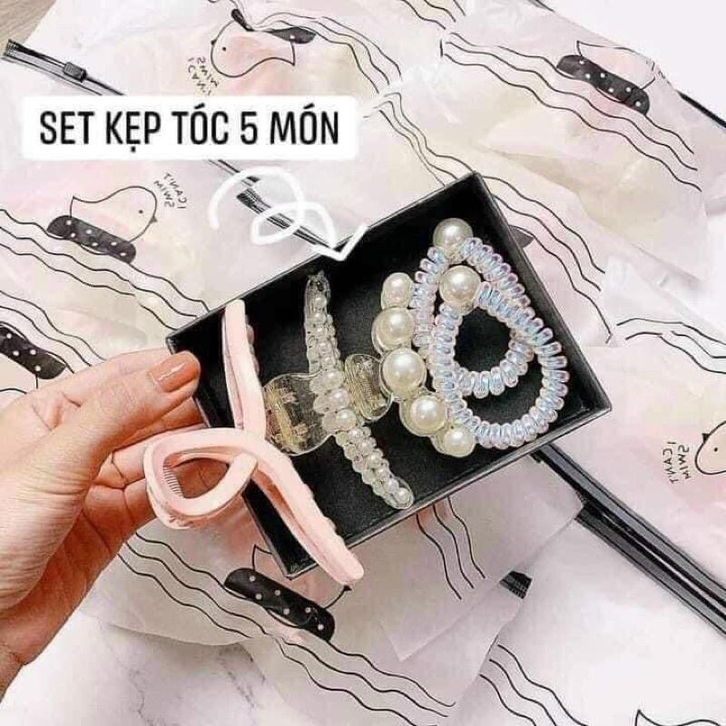Sét 5 Kẹp Tóc Hàn Quốc Siêu Xinh Gồm 3 càng cua 2 dây buộc đính hạt