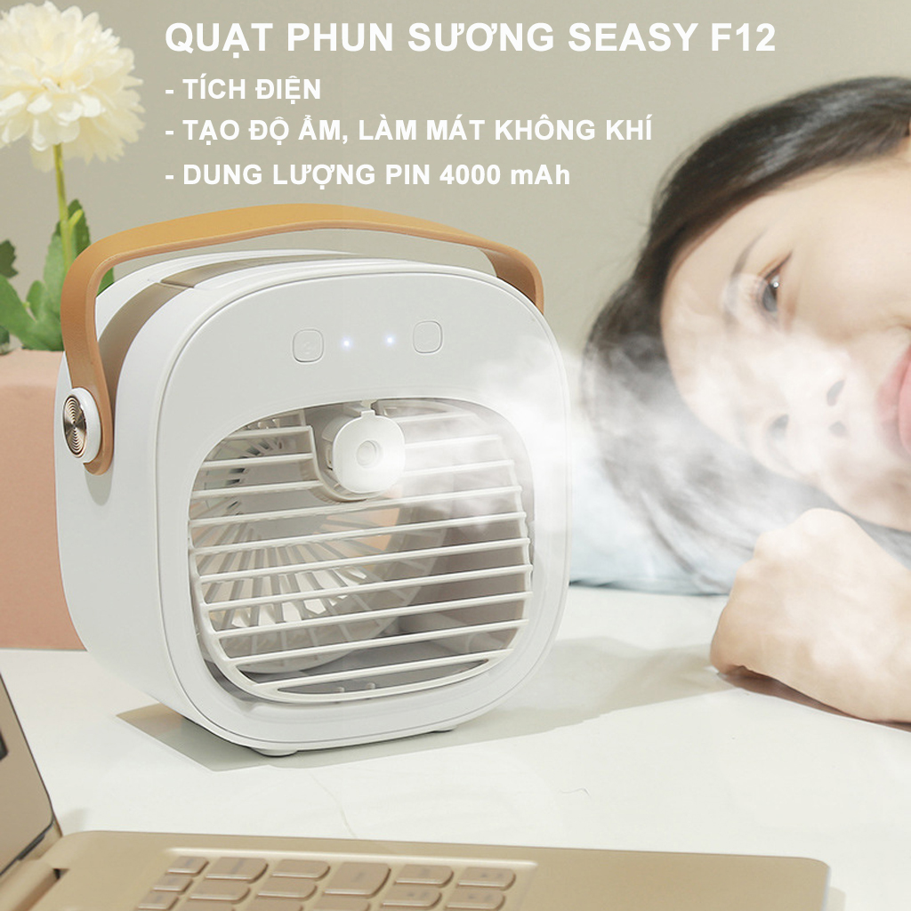 Quạt phun sương mini để bàn SeaSy F12 với 3 chế độ gió điều hòa không khí, dung lượng pin 4000 mAh, nhỏ gọn, có quai xách tiện lợi- Hàng chính hãng