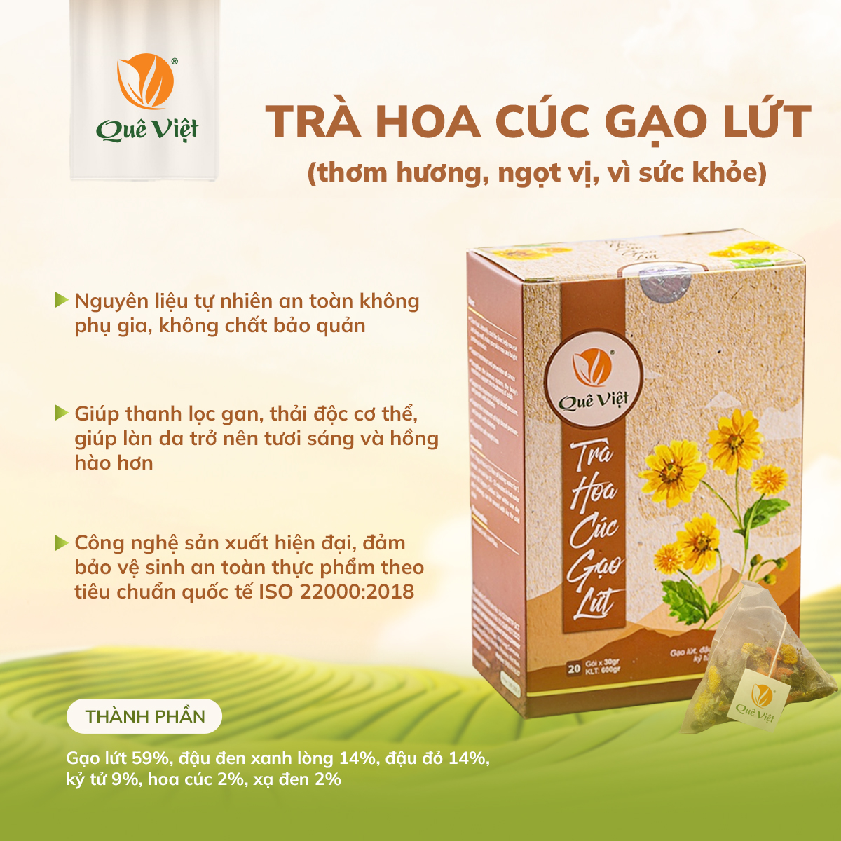 Combo 3 hộp Trà hoa cúc gạo lứt Quê Việt + tặng 1 cốc gốm sứ Bát Tràng - Hộp 600g (20 túi x 30G)