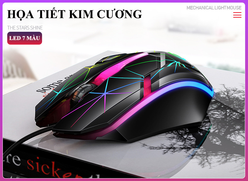 Chuột chơi game YINDIAO G6 kết nối có dây cổng USB thiết kế họa tiết kim cương có đèn led 7 màu cực đẹp - Hàng Chính Hãng