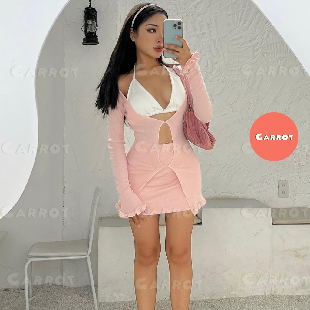 Áo croptop tay dài thiết kế đỏ chân váy ôm body áo ngực trắng đen sexy carrotxinhdep chất vải co giãn đi biển đỏ