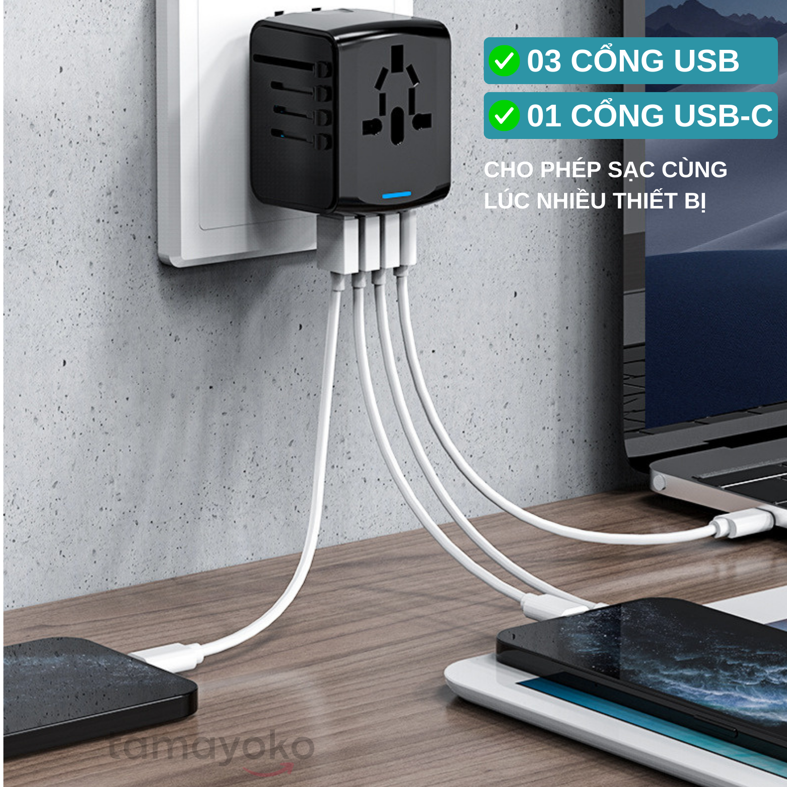 Ổ Cắm Điện Du Lịch Quốc Tế Đa Năng Tích Hợp 3 Cổng USB-A 1 Cổng USB C. Chất Liệu Nhựa PC Chống Cháy Phù Hợp Với Hơn 150 Nước. Hàng Chính Hãng Tamayoko