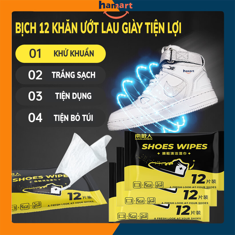 Gói 12 Khăn Ướt Lau Giày Khăn Giấy Lau Sneaker Spunlace RO Vệ Sinh Giày Dép Trắng Sạch