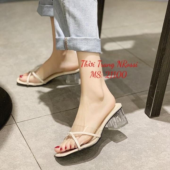 Dép cao gót quai ngang mũi vuông phối quai trong cao 5cm màu đen _2118
