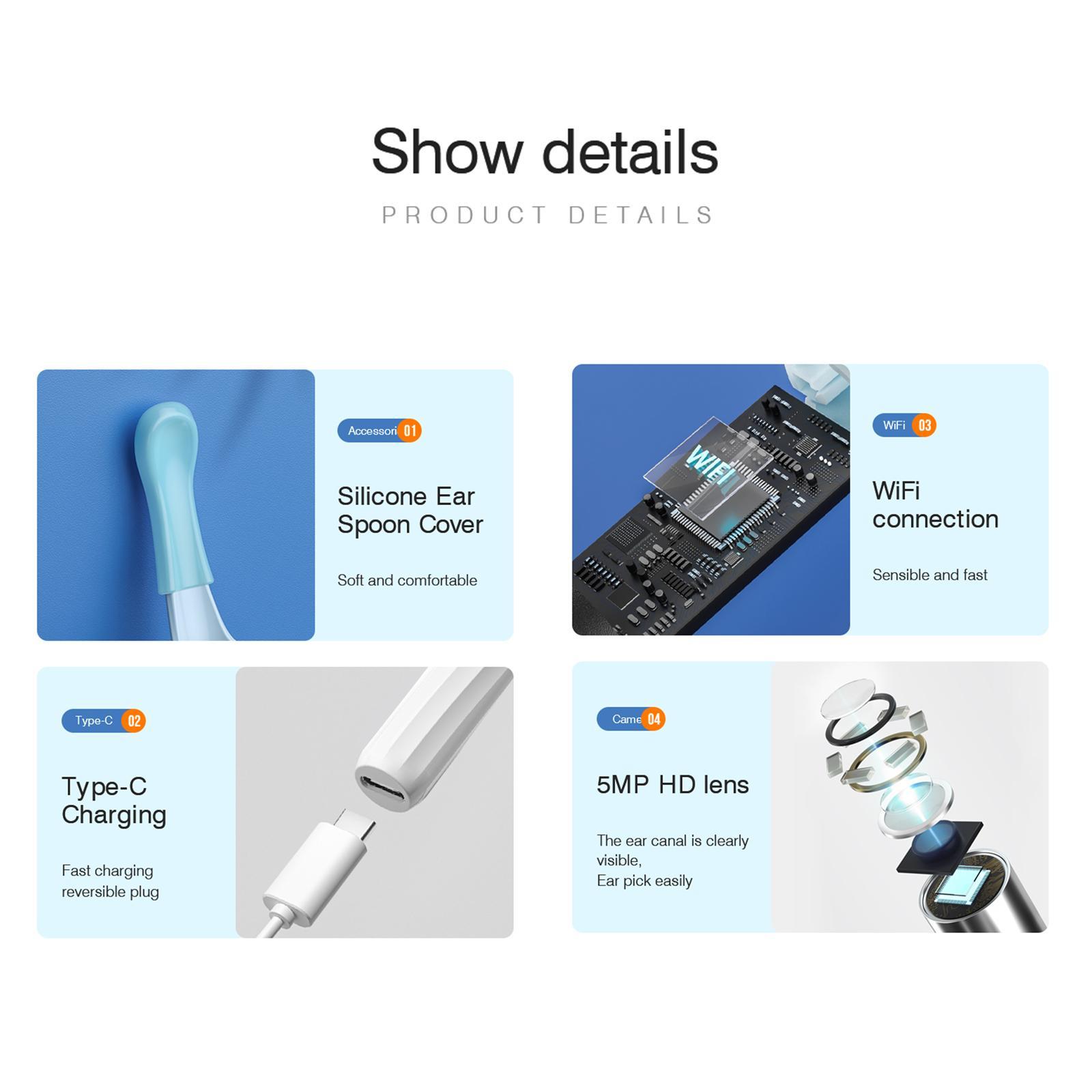 Ear Cleaning Kits 5MP with Ear Cleaning Tool Wireless 6 LED Lights Black