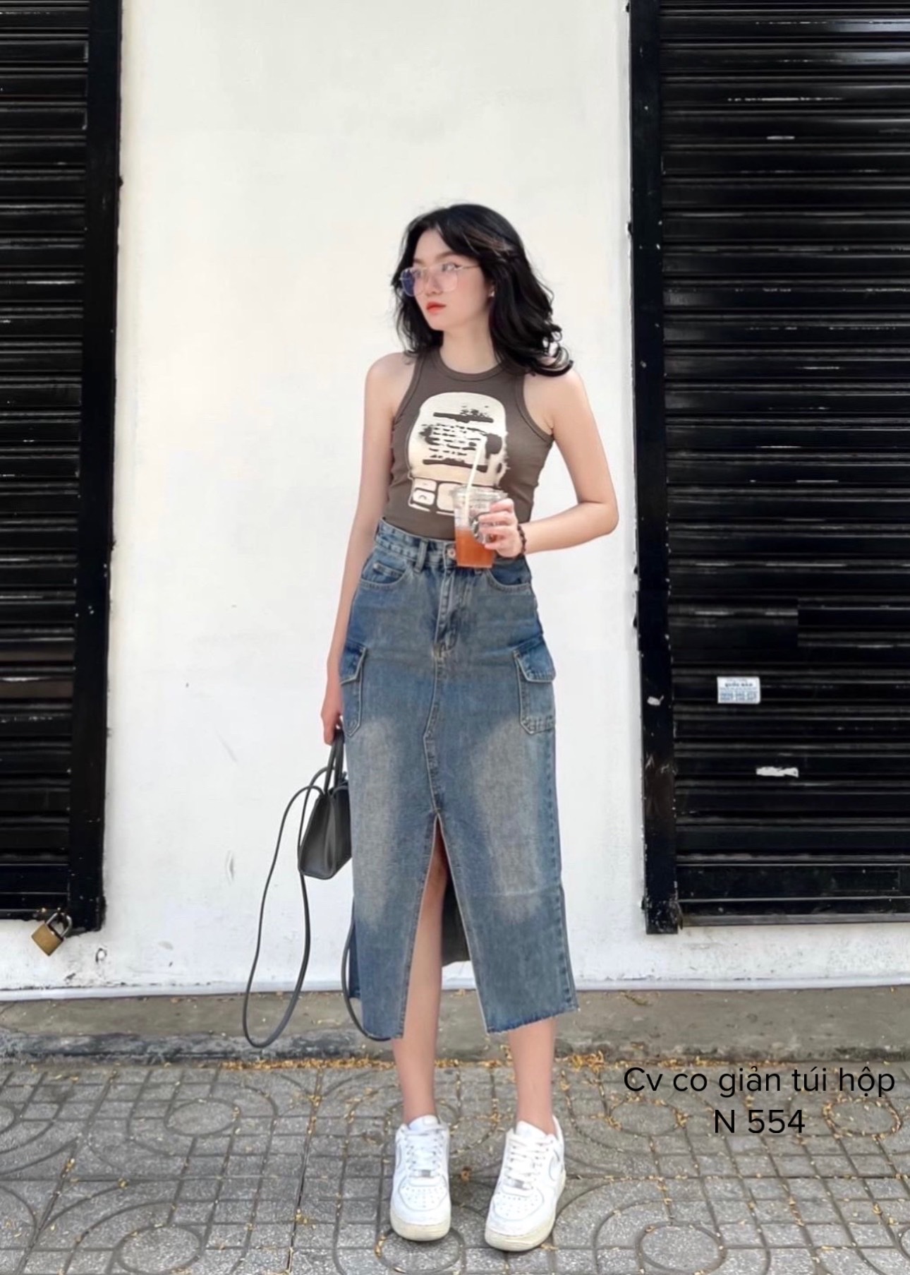 CHÂN VÁY DÀI LƯNG CAO JEANS MIDI CHỮ A ÔM BODY XẺ TRƯỚC CO GIÃN SUÔNG BÚT CHÌ TÚI HỘP ĐI TIỆC DẠO PHỐ ĐI CHƠI