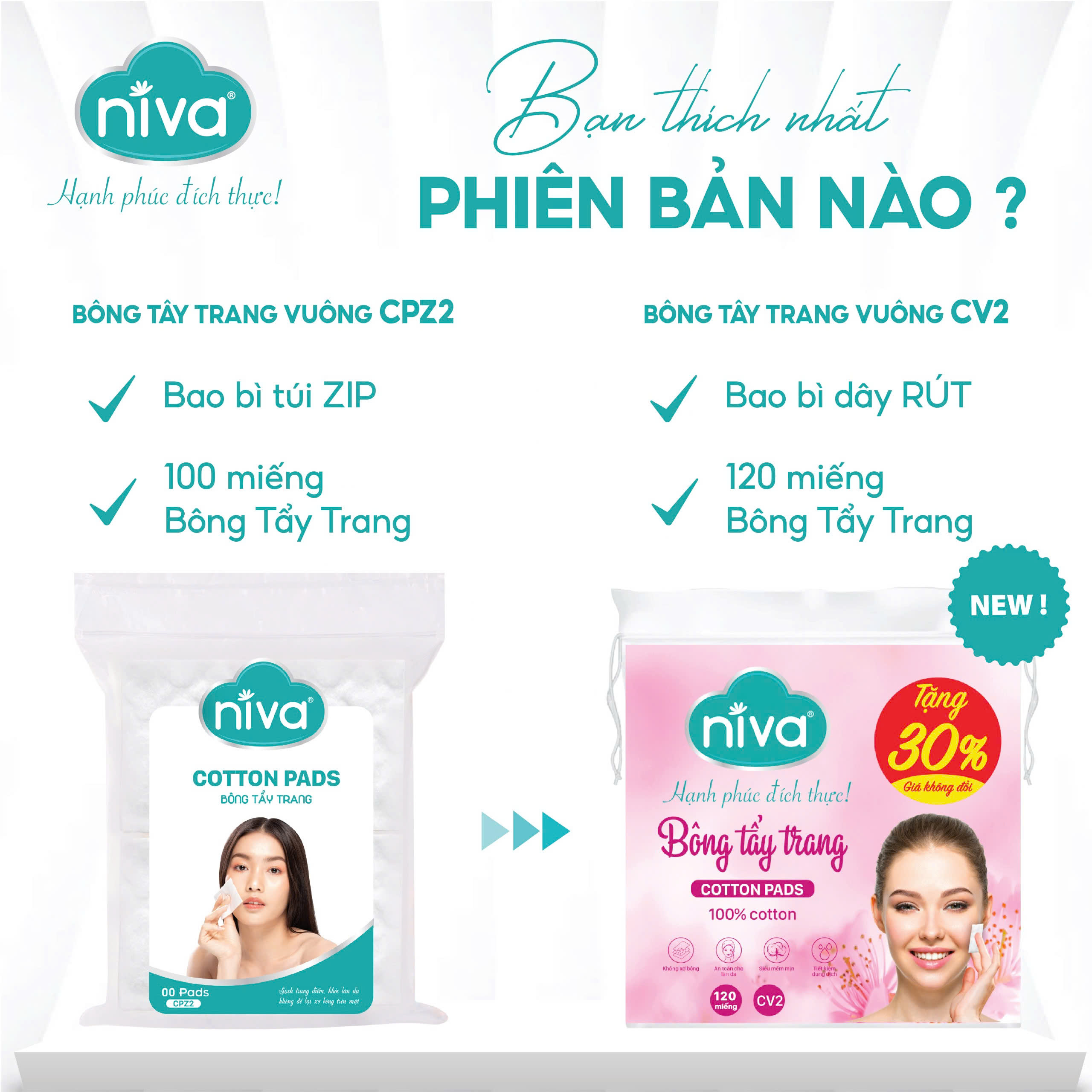 Túi 120 Miếng Bông Tẩy Trang Vuông NIVA Cotton Pads Cao Cấp CV2 Bông Thiên Nhiên Thuần Khiết