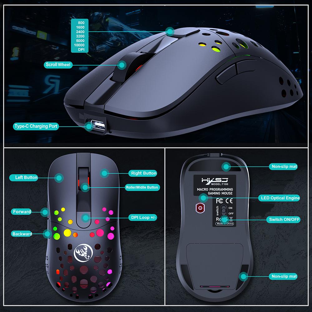 HXSJ T100 Type-C Wired & 2.4G Wireless 10000DPI Programmable RGB Backlit Mouse 6 Adjustable DPI Levels