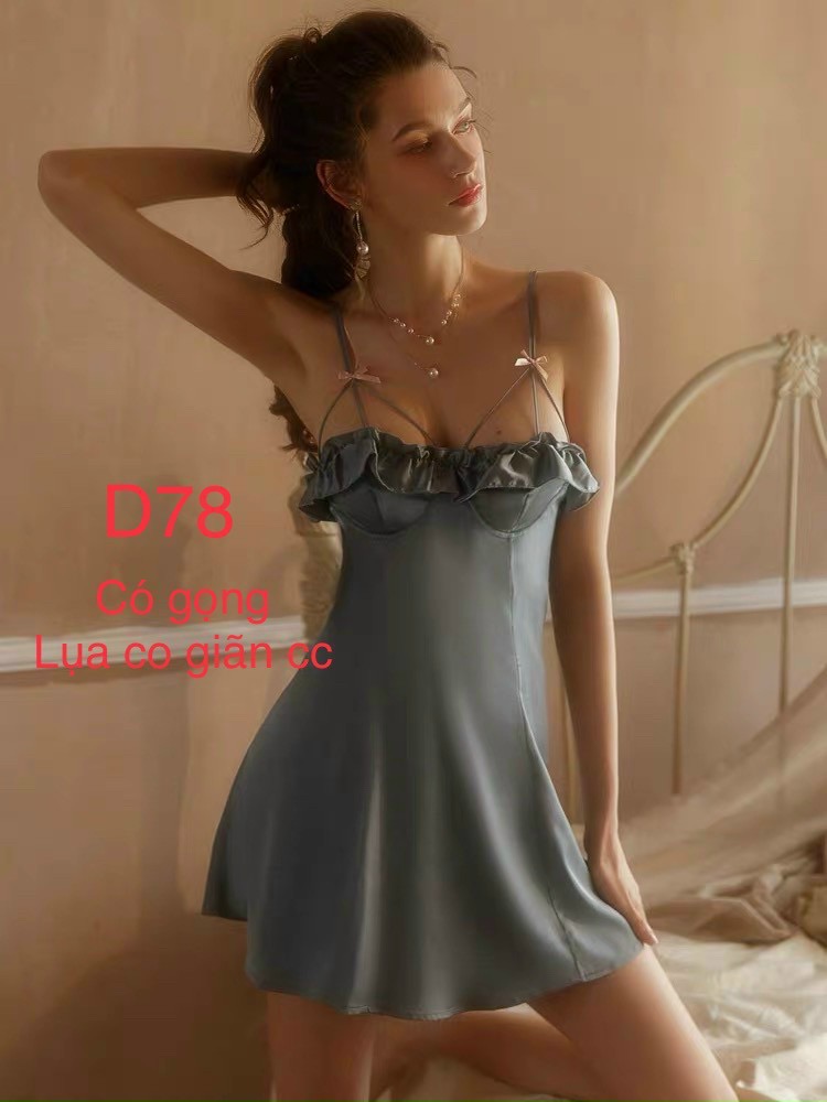 Đầm ngủ lụa 2 dây cao cấp có gọng phối bèo trước ngực D78
