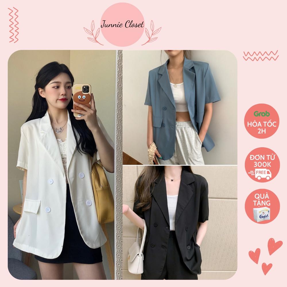 Áo khoác ngắn tay 1 lớp chất Ruby trượt Hàn Áo blazer cộc 5 màu hottrend túi giả Junnie Closet