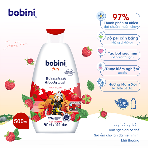 Gel tắm trẻ em tạo bọt Bobini Fun mềm mịn hương mâm xôi 1+ tuổi 500ML