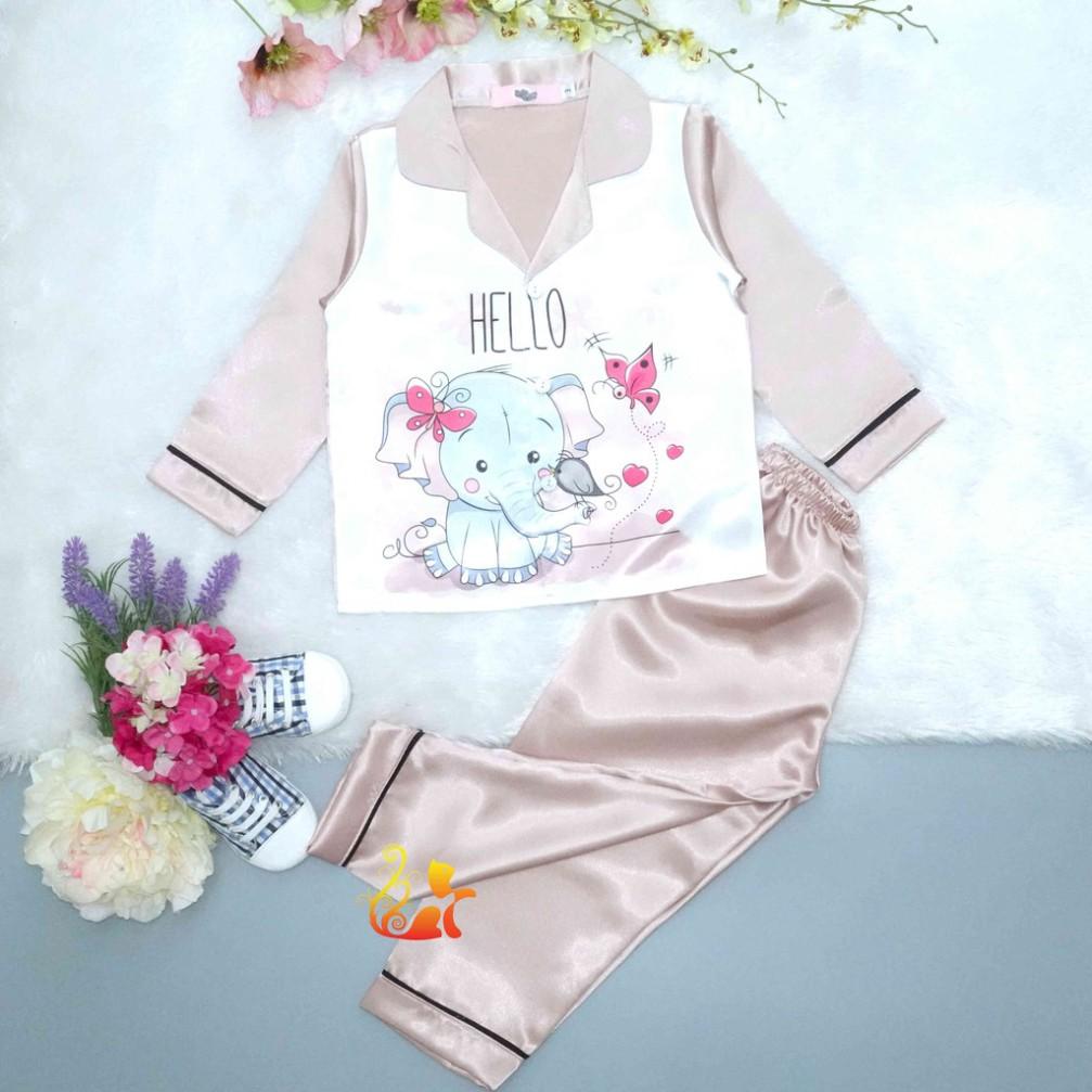 Đồ Bộ Pijama Phi Lụa &quot;Hình Voi&quot; Tay Dài Cho Bé - Từ 12kg - 42kg