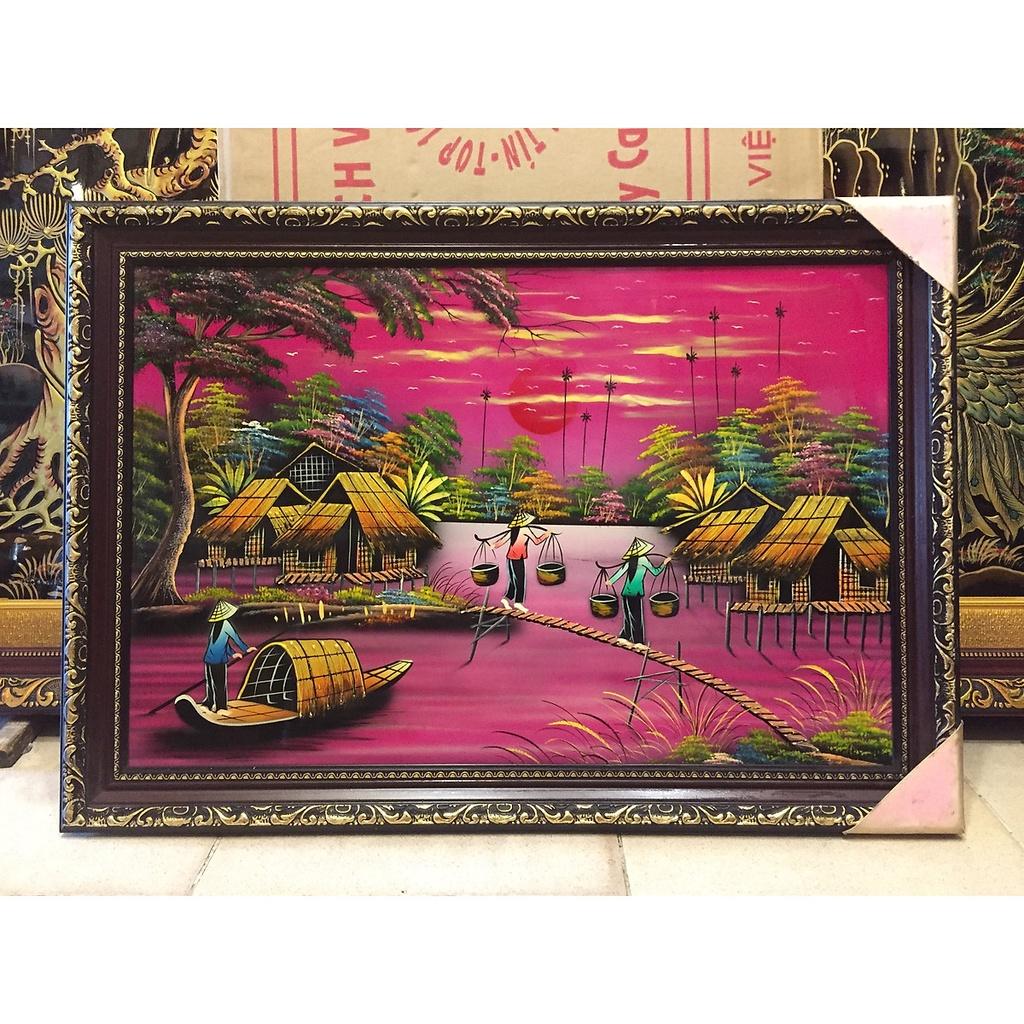 Tranh sơn mài cao cấp Đồng Quê Thanh Bình Lê kèm khung size 48x68 cm treo tường, trang trí nhà cửa, văn phòng, quà tặng