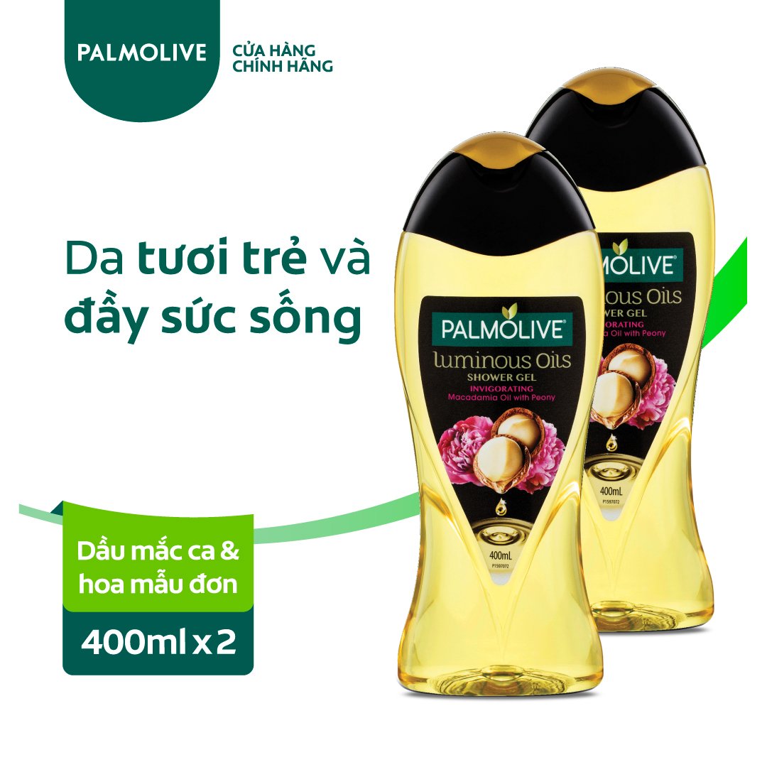 Bộ 2 sữa tắm dưỡng ẩm Palmolive Luminous tinh dầu thiên nhiên từ hạt Mắc ca và hoa mẫu đơn 400ml