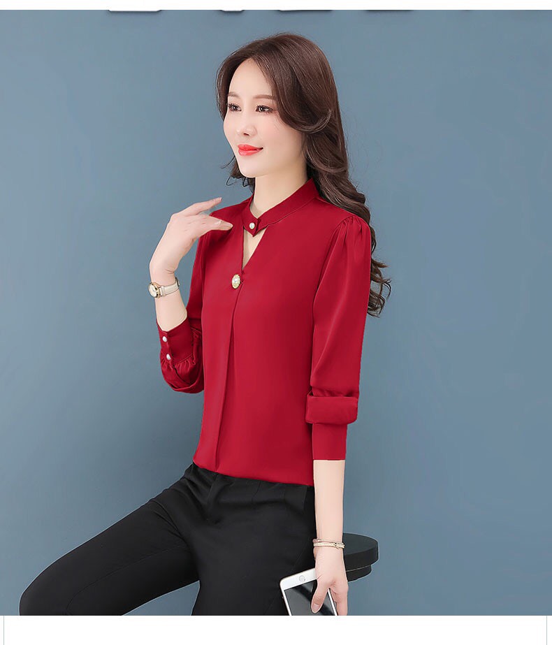 Áo Sơ Mi Phi Lụa Duyên Dáng Cổ Tim Cách Điệu Phối Nút