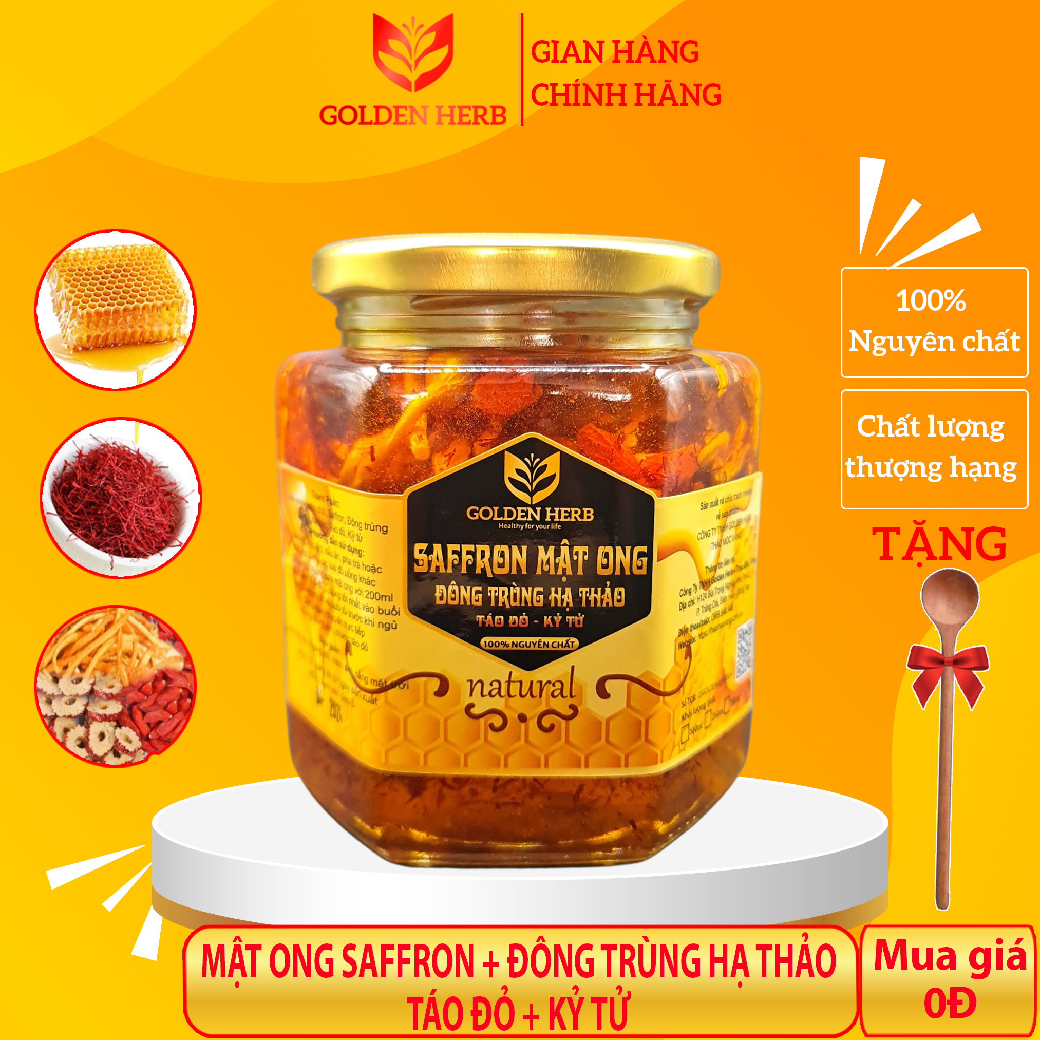 Mật Ong Saffron Đông Trùng Hạ Thảo Táo đỏ Kỷ tử 280ml/lọ Golden Herb