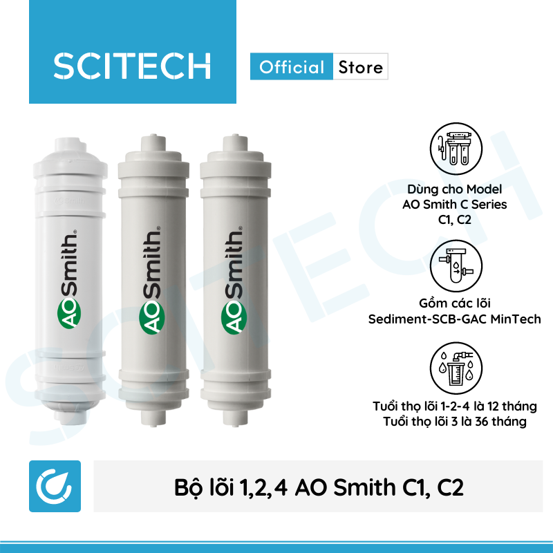 Bộ lõi máy lọc nước AO Smith C1/C2 - Z4/Z7 kèm co nối Scitech cho lõi nối nhanh - Hàng chính hãng