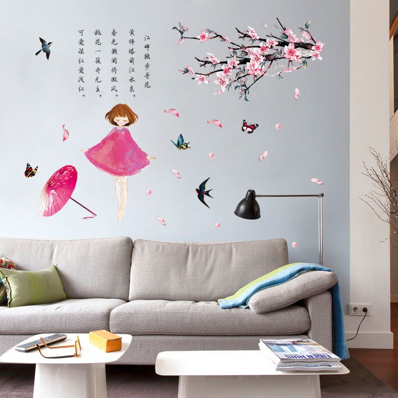 Decal dán tường cô gái hồng cành hoa đào thơ mộng