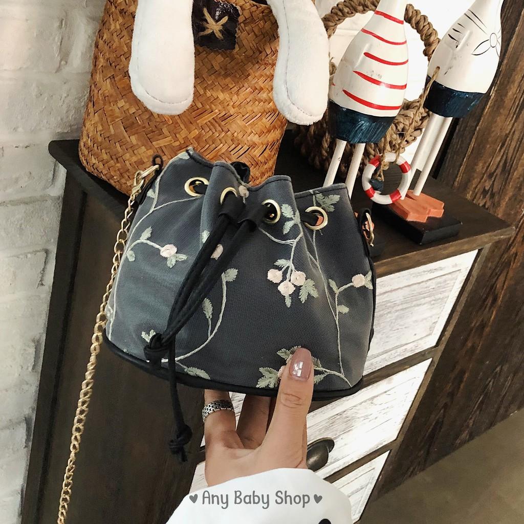 Túi phối lưới thêu hoa 2 màu xinh xắn sành điệu cho bạn gái