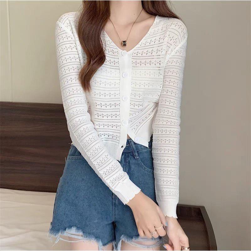 Áo khoác len LƯỚI HOA CHẤM tay dài mỏng nhẹ mặc 2 kiểu dễ phối đồ