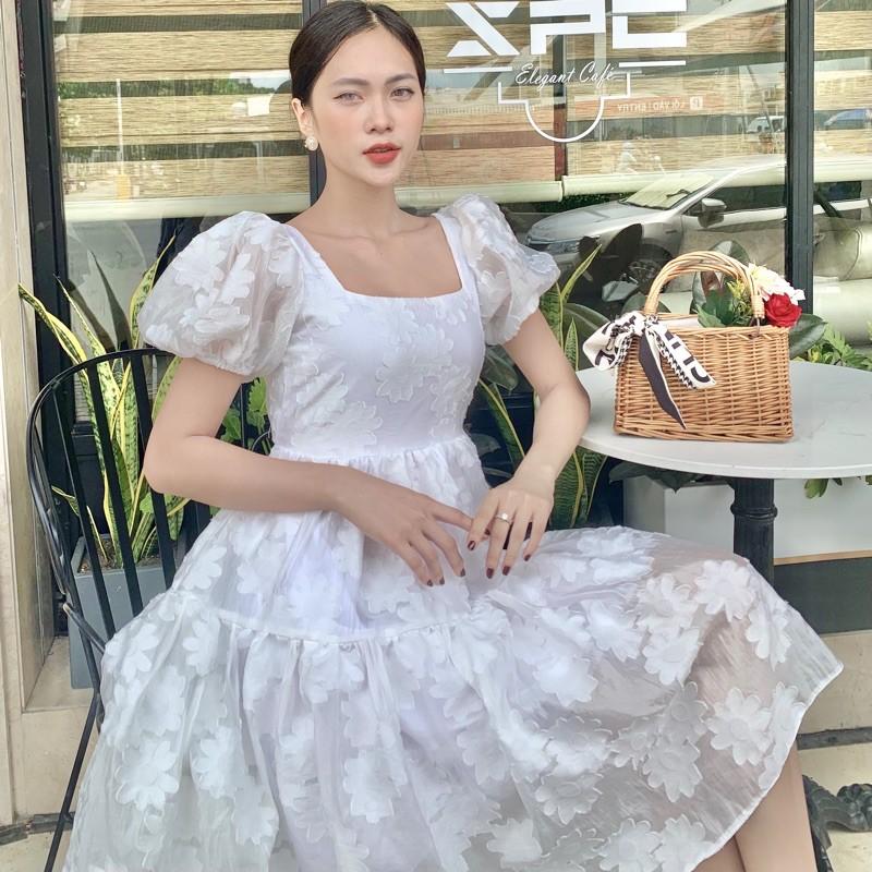 Đầm ulzzang dáng dài xoè trắng cutout lưng tay phồng - Audrey Studio