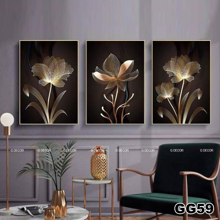 Tranh treo tường canvas 3 bức phong cách hiện đại Bắc Âu 108, tranh hoa sen trang trí phòng khách, phòng ngủ, phòng ăn