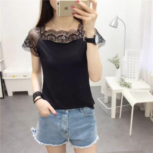 Áo phông nữ pha ren cổ_ áo thun nữ