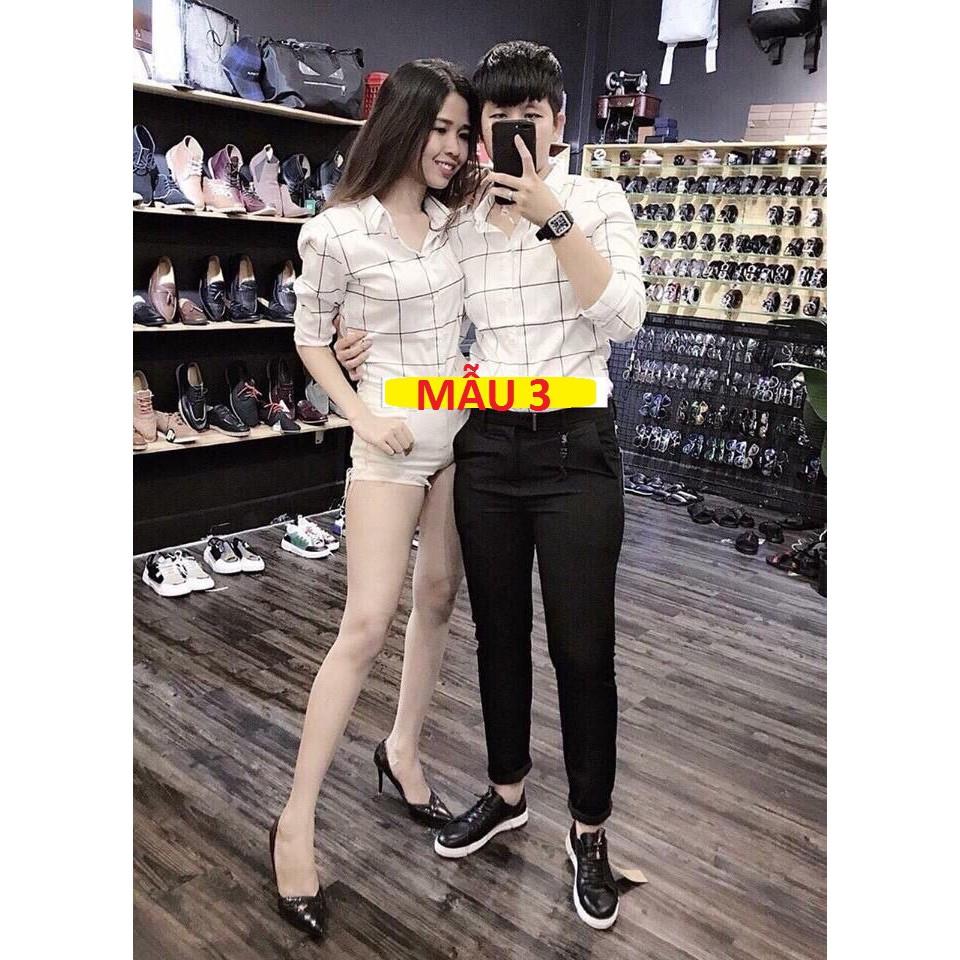 Áo sơ mi đôi FREESHIP áp cặp màu trắng sọc đen nam nữ - SM22