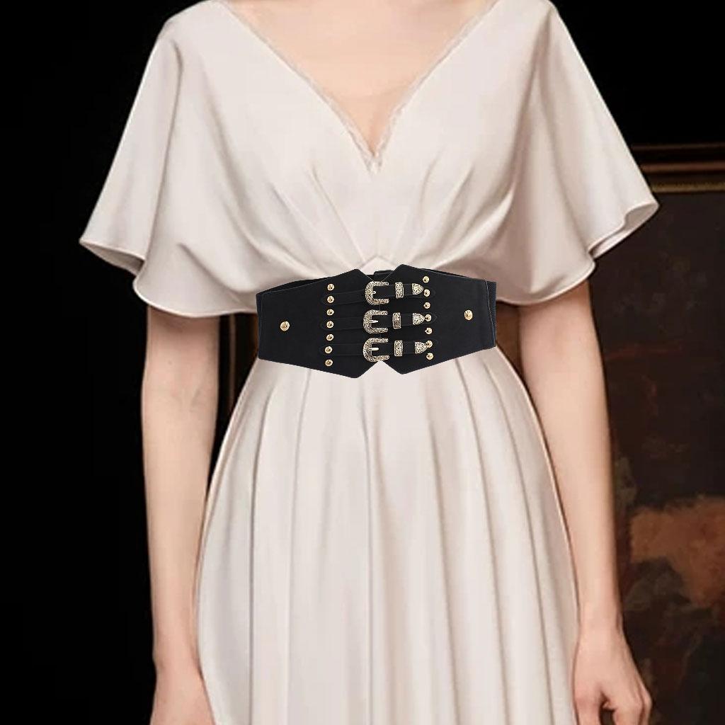 Women Waist Belt Casual Elastic Alloy Buckle PU Leather Fashion Durable Wide Belt for Dress Shirt Skirt Decoration Waistband