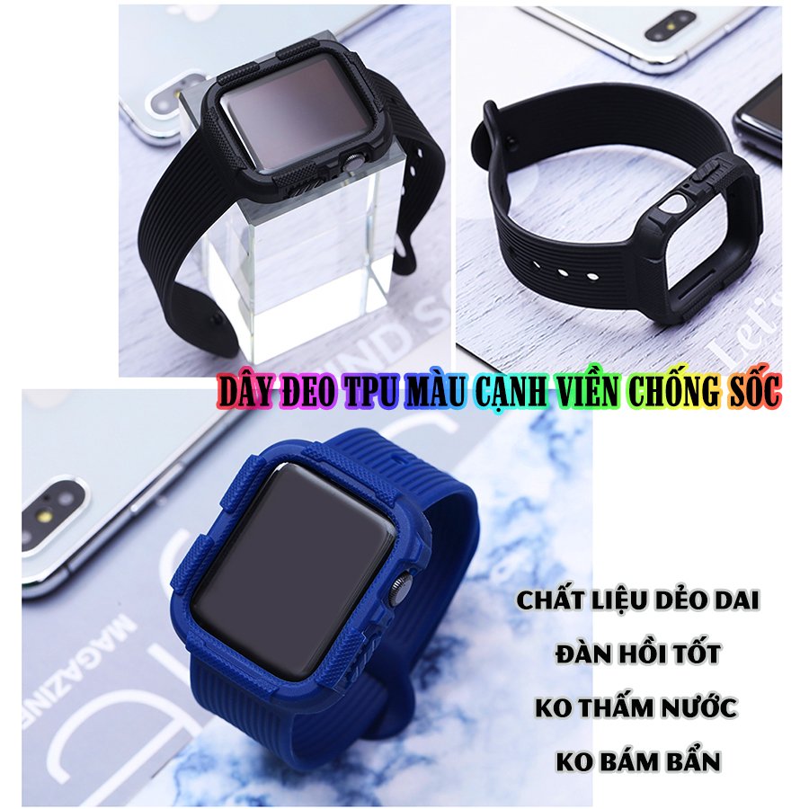 Dây Đeo liền ốp dành cho Apple Watch size 38/40/42/44mm TPU màu cạnh viền chống sốc - Đen (tặng dán KCL theo size)