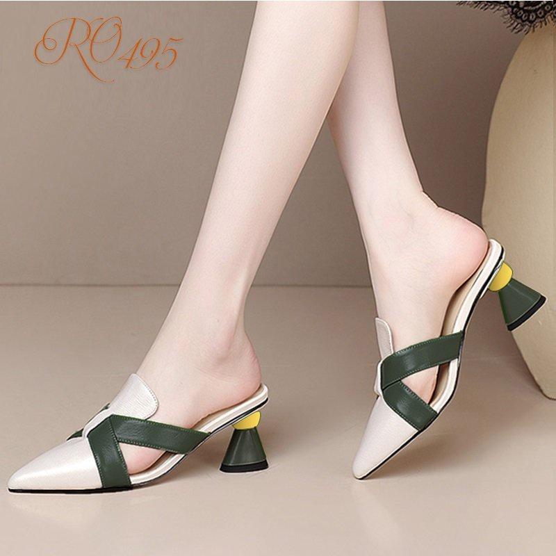 Giày sandal nữ cao gót 5 phân hàng hiệu rosata hai màu đen trắng ro495