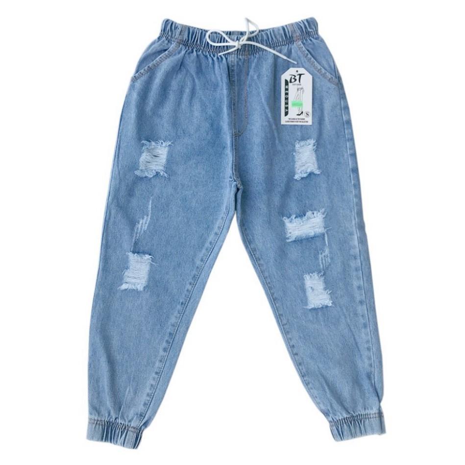 Quần jean baggy Unisex QJ003 Xanh nhạt trơn - rách lưng thun phong cách hip hop