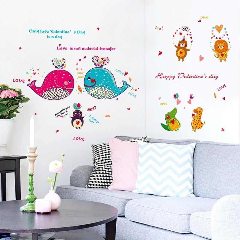 Sticker Decal dán tường Đôi cá voi Happy valentine cho bé SK9092