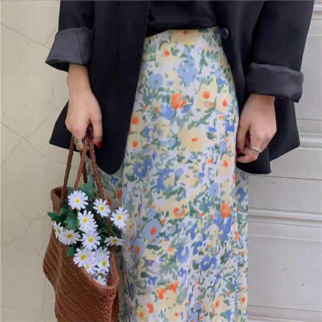 Chân váy midi voan họa tiết vintage phong cách Hàn Quốc ulzzang