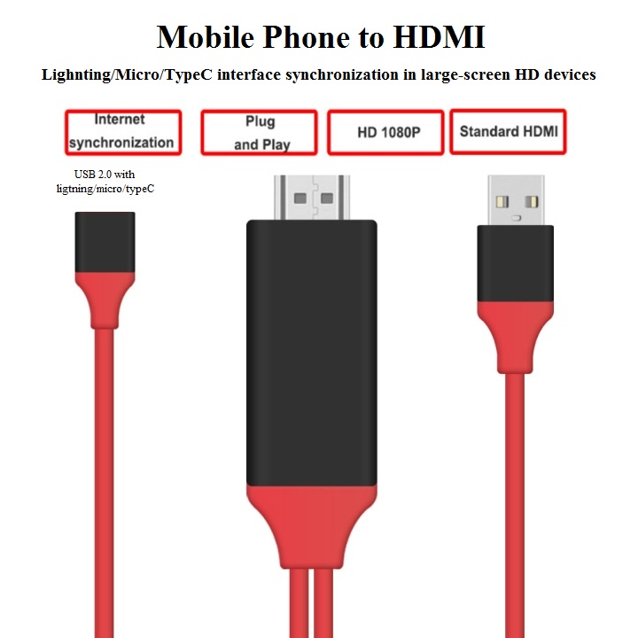 Cáp HDMI kết nối điện thoại có MHL ra Tivi đa năng hỗ trợ cho cả lightning/micro/typeC qua cổng OTG - Hàng nhập khẩu