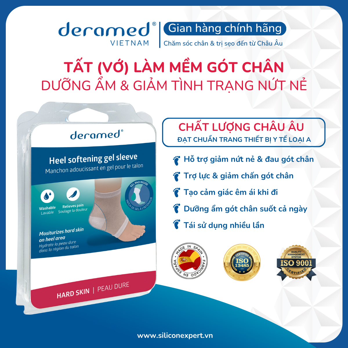 TẤT LÀM MỀM GÓT CHÂN DERAMED DƯỠNG ẨM VÀ LÀM GIẢM TÌNH TRẠNG NỨT NẺ Ở GÓT CHÂN - 1 CẶP CÓ THỂ TÁI SỬ DỤNG - SẢN XUẤT TẠI TÂY BAN NHA