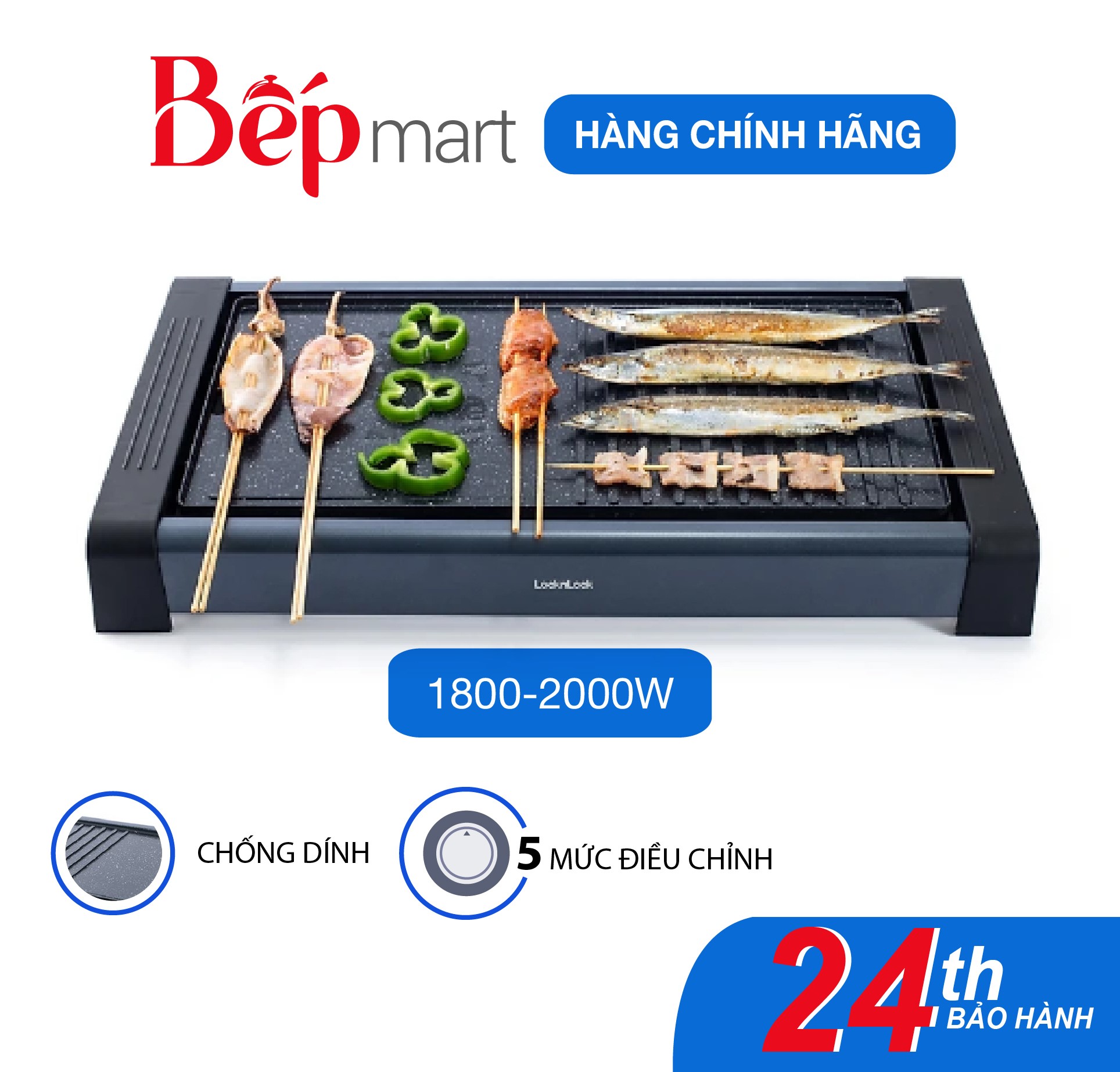 Bếp nướng điện LocknLock Wide Electric Grill EJG236BLK, chống dính, 5 cấp độ nhiệt - Hàng chính hãng