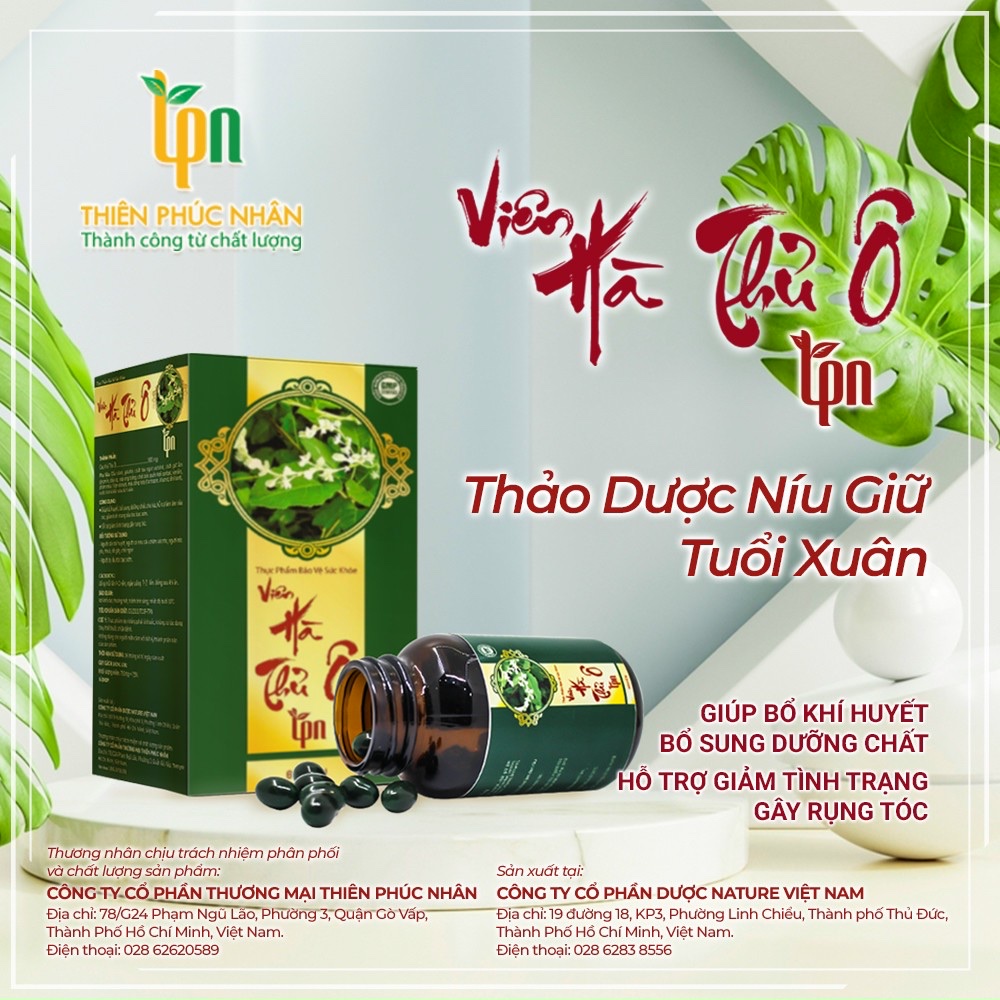 Viên Hà Thủ Ô TPN thành phần chính 98% Hà Thủ Ô Đỏ hỗ trợ giảm rụng tóc, làm đen tóc, giúp bạn bồi bổ sức khỏe, bổ máu, mạnh gân cốt.(hộp 60 viên)