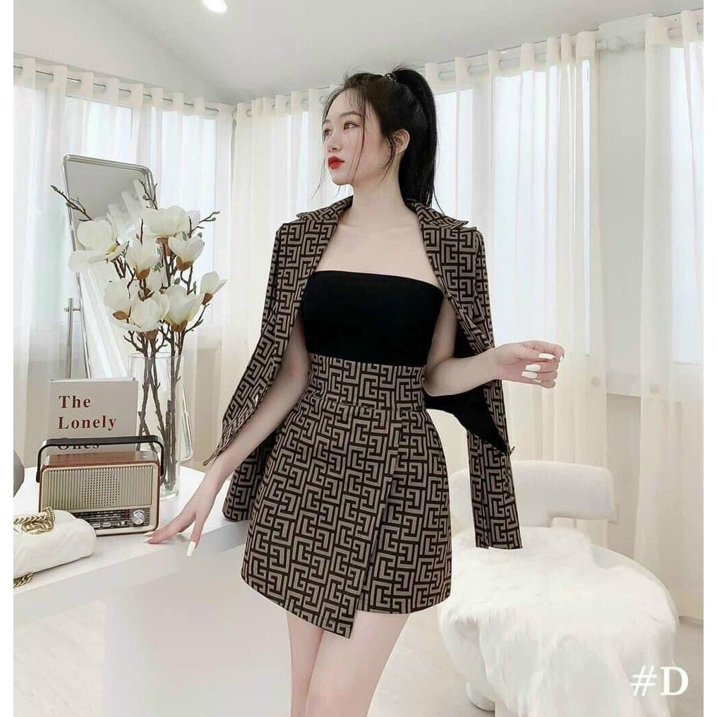 Sét Bộ Đồ Nữ 3 Món Hoạ Tiết Thổ Cẩm Phối Áo Khoác Ngoài Dài Tay Kèm Chân Váy chữ A tôn dáng