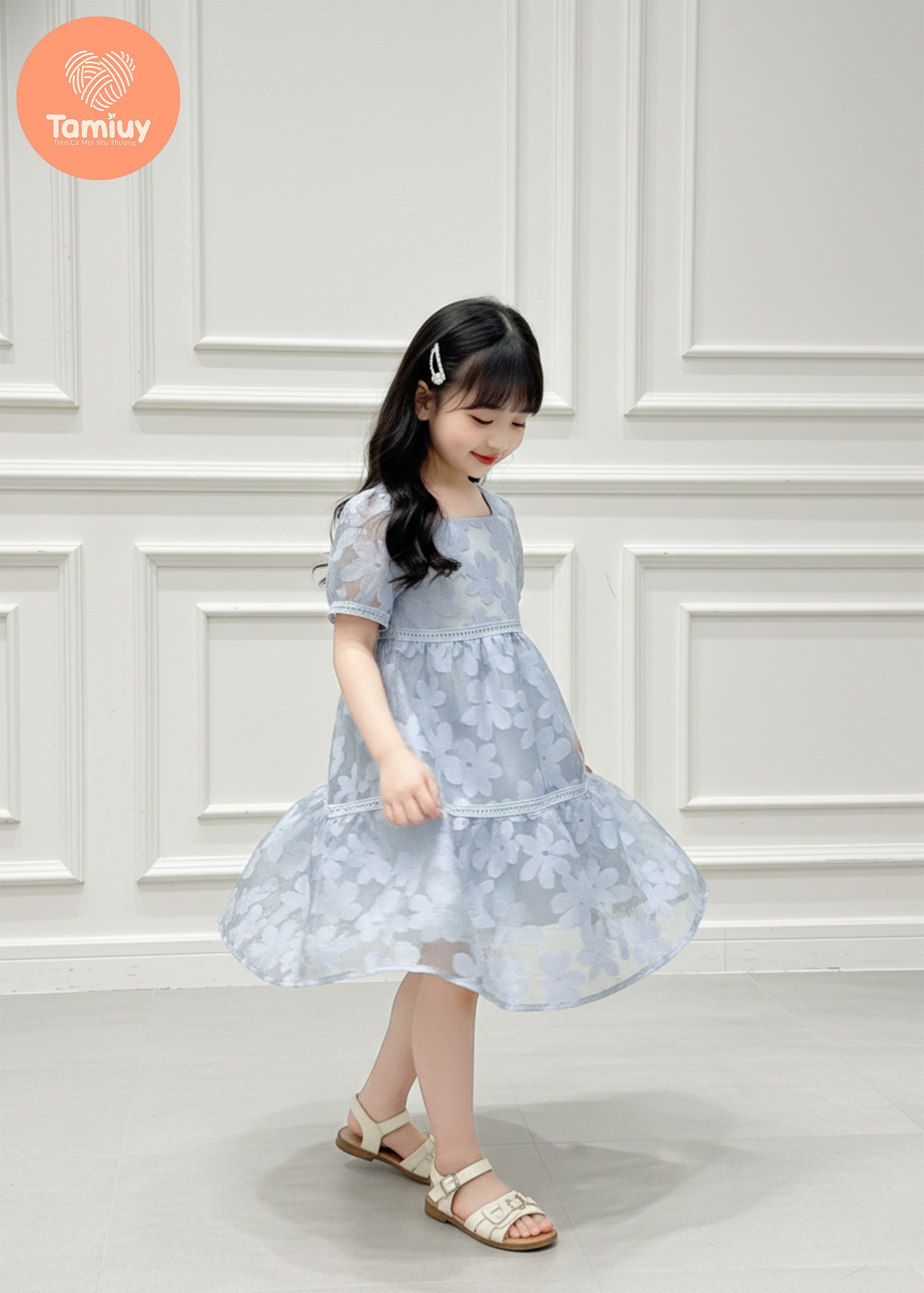 Đầm Babydoll Bé Gái Cổ Vuông Họa Tiết Hoa TAMIUY, Dáng Xòe Nhẹ, Thanh Lịch (Size 2–12 tuổi)