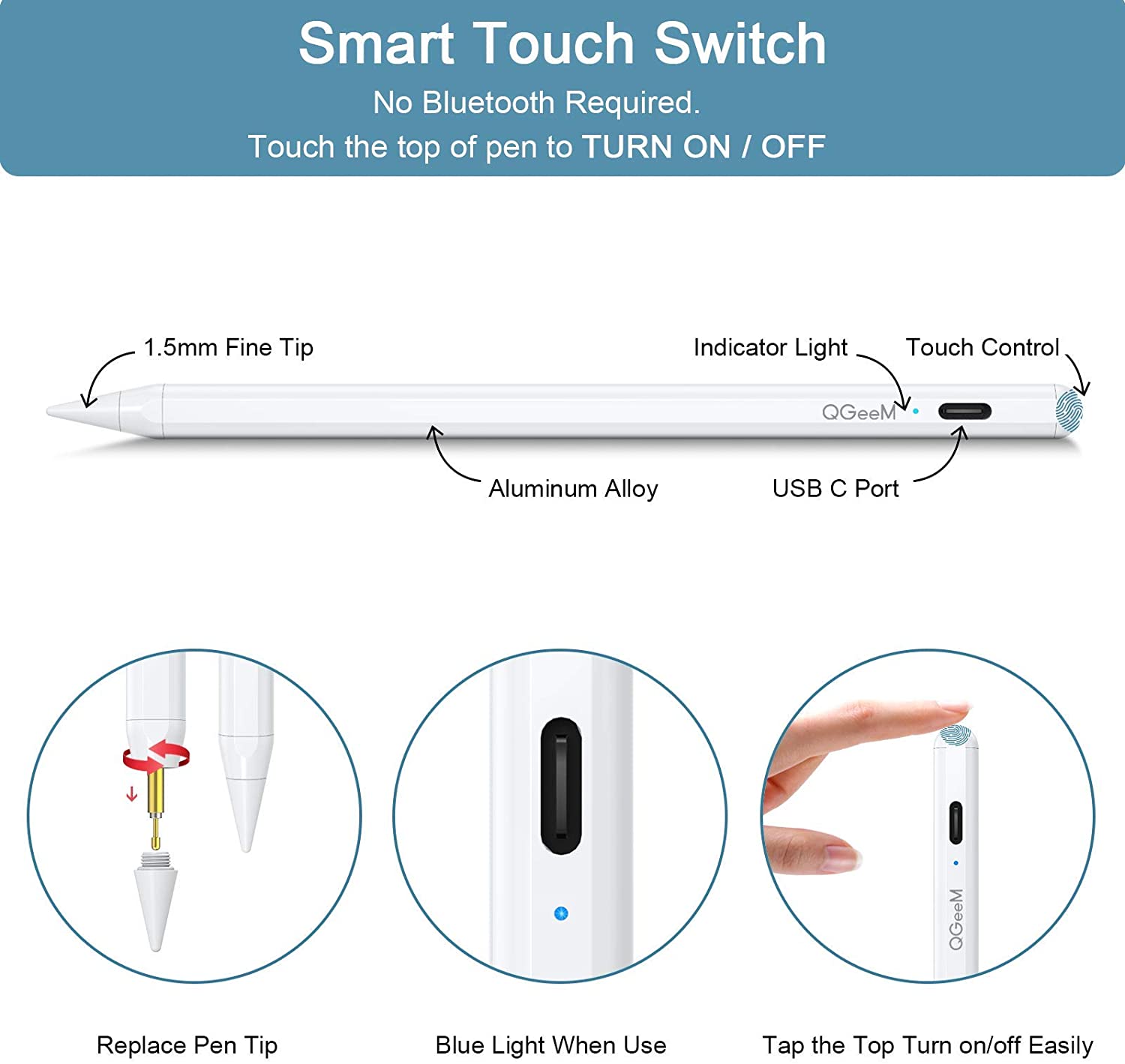 Bút cảm ứng iPad Palm Rejection dành cho iPad Pro phiên bản 2018 - 2021 (11/12.9 inch), iPad gen 6/7/8, iPad Mini 5, iPad Air gen 3/4 - QGeeM - trắng - Hàng chính hãng